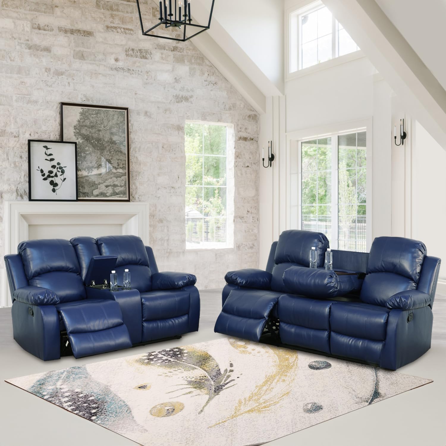 Ocstta Manual Leather Recliner Sofa Set for Living Room