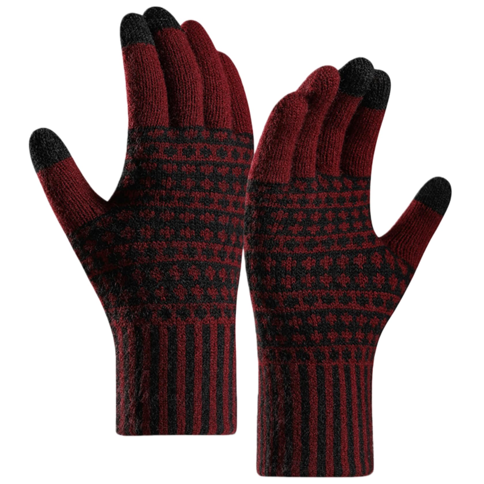 YISENJEE Winter Warm Knit Gloves Men'S Winter Plush Cold-Proof Warm Knitted Jacquard Full-Finger Striped Gloves - Burgundy