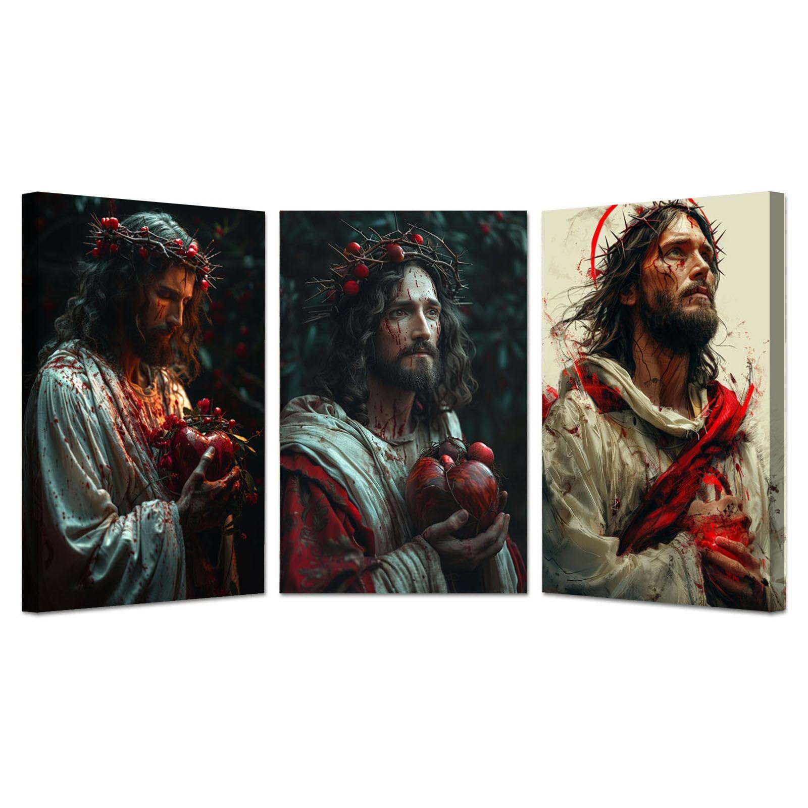 IEPOZWA Christian Wall Art, Jesus with crown of thorns Canvas Religious Jesus Painting Pictures Canvas Prints Modern Artwork for Living Room Bedroom Decor - 20x30cmx3 Framed