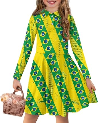 Fall Girls Dresses Long Sleeve Polo Shirt Lapel Collar A-Line Sundress for Daily School