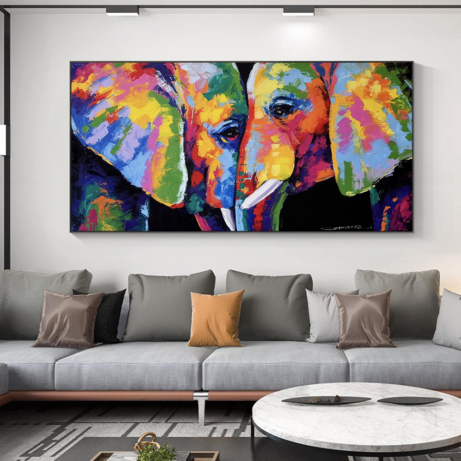 Amazon｜抽象的な2つのカラフルな象のキャンバスの絵画の壁の芸術の