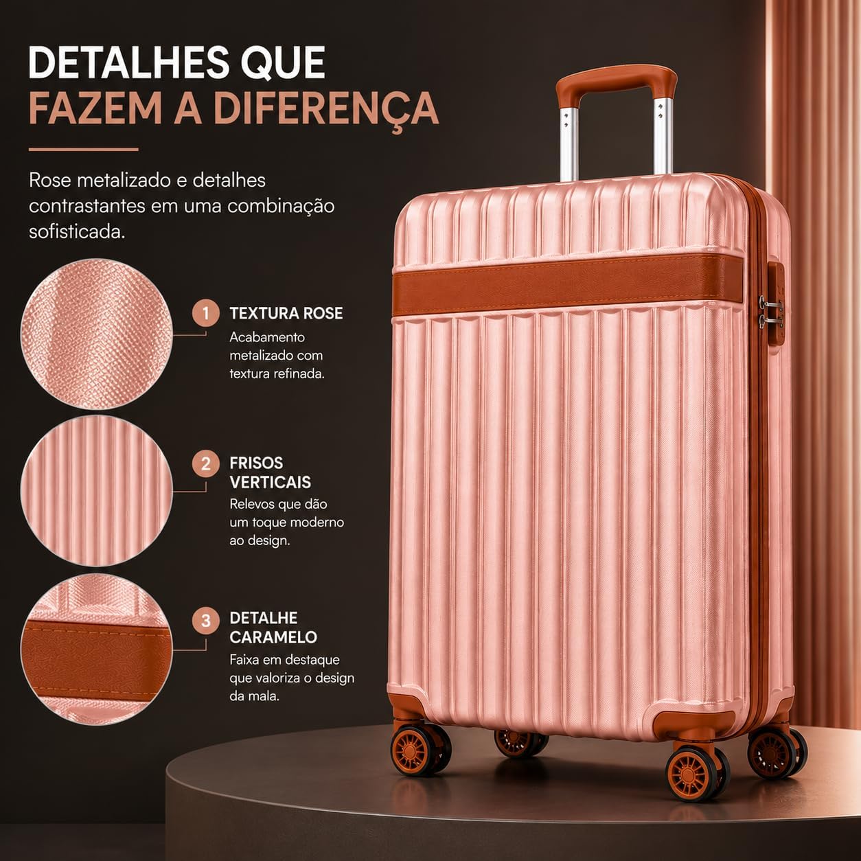 Mala de Viagem Pequena Bordo 360° Rígida com Rodinhas Giro Duplo e Cadeado Integrado, Leve, Resistente e Elegante para Avião e Viagens Curtas (Rose Gold)