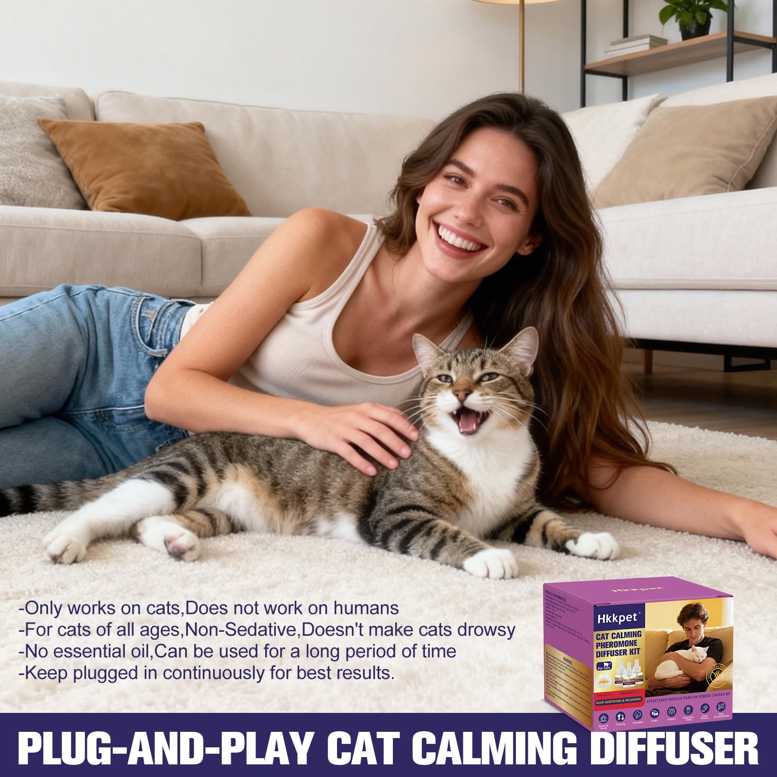 Difusor de Feromonas Calmantes para Gatos, Reduce Estrés, Ansiedad y Arañazos, Ayuda a Disminuir la Agresividad y Conflictos entre Gatos, Apto para Todos los Gatos, 1 Difusor + 3 Recargas de 48 ml