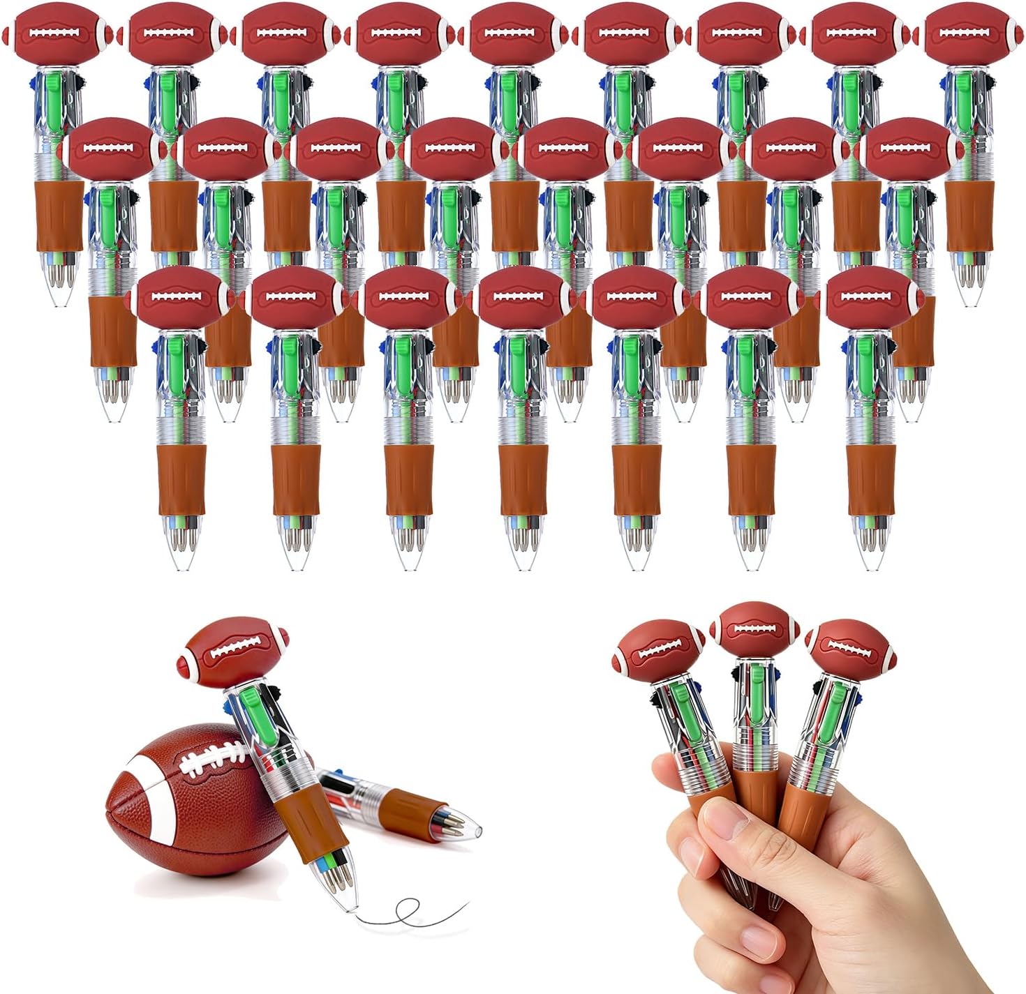 24Pcs American Football 4-in-1 Multicolor Pens, Cute Mini Ballpoint Pens Bulk for Kids, Party Favors, Goodie Bag Stuffers, Sports Celebrations & Classroom Rewards