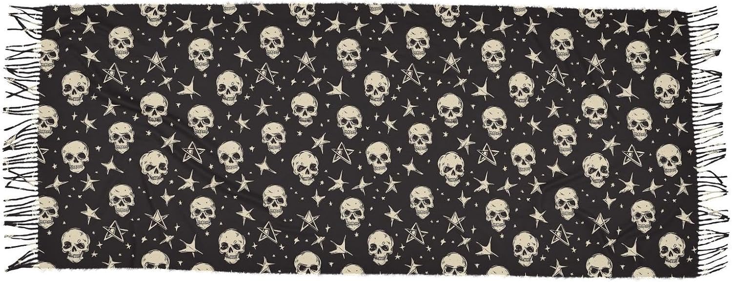 Winter Scarf for Women Halloween Skull Star Fashion Tassel Shawl Wraps for Women, Cold Weather Warm Womens Scarves Soft Long Scarf