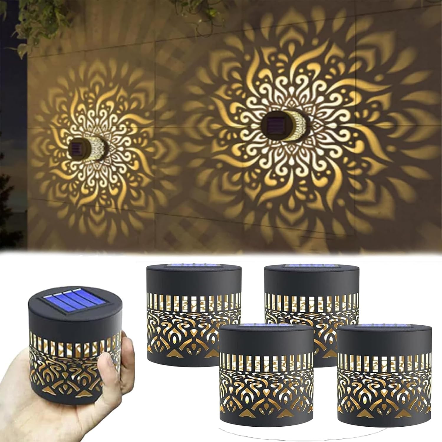 Solar Mandala Lights Outdoor, Metal Solar Powered Wall Lights, Waterproof Decorative Fence Lights for Garden Patio Deck Backyard (4 Pcs)