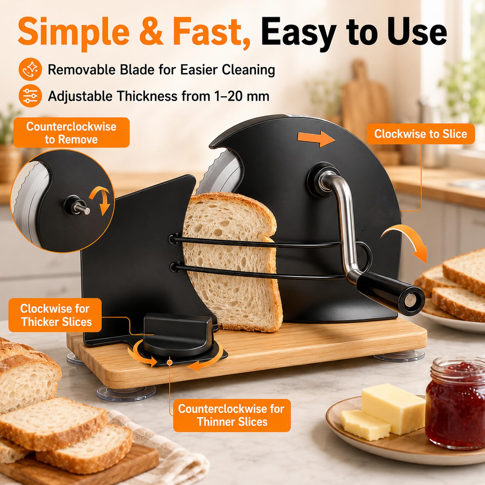 Cortadora Manual de Pan, Rebanadora con Manivela Ajustable 1–20 mm | Cuchilla Dentada, Base de Madera Plegable y Ventosas para Pan, Tostadas, Bollería, Queso y Salchichas(black)
