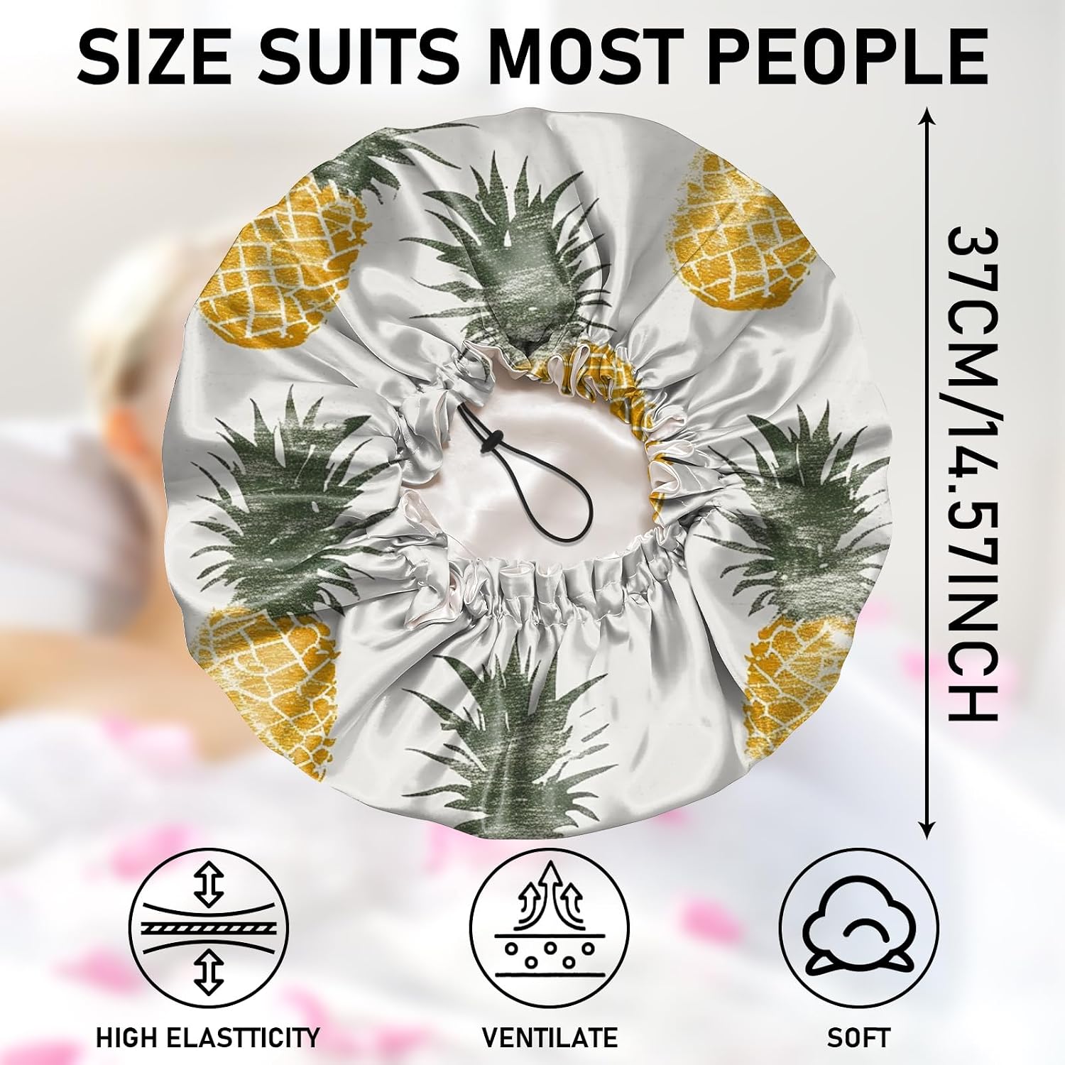 Luxury Shower Cap Adjustable Reusable Double Waterproof Layer Elastic Satin Lined Hair Bath Cap Cute Aesthetic Women Girls (K11-Pineapple)