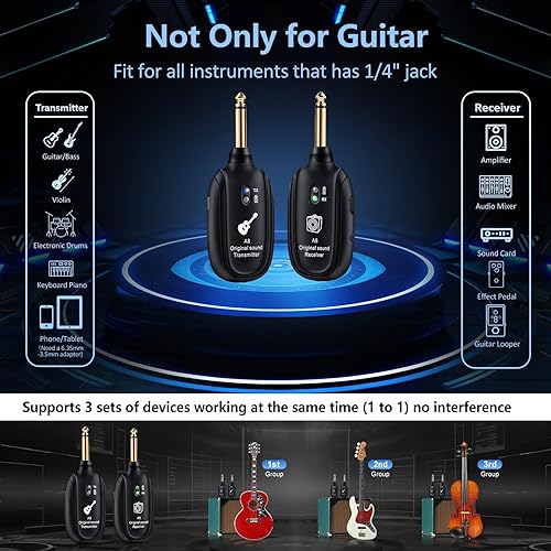 Miniatura 3 de Sistema de guitarra inalámbrico A8 UHF, 2 modos, batería recargable de litio, rango de 100 pies, Plug & Play para guitarra, bajo, violín, teclado,
