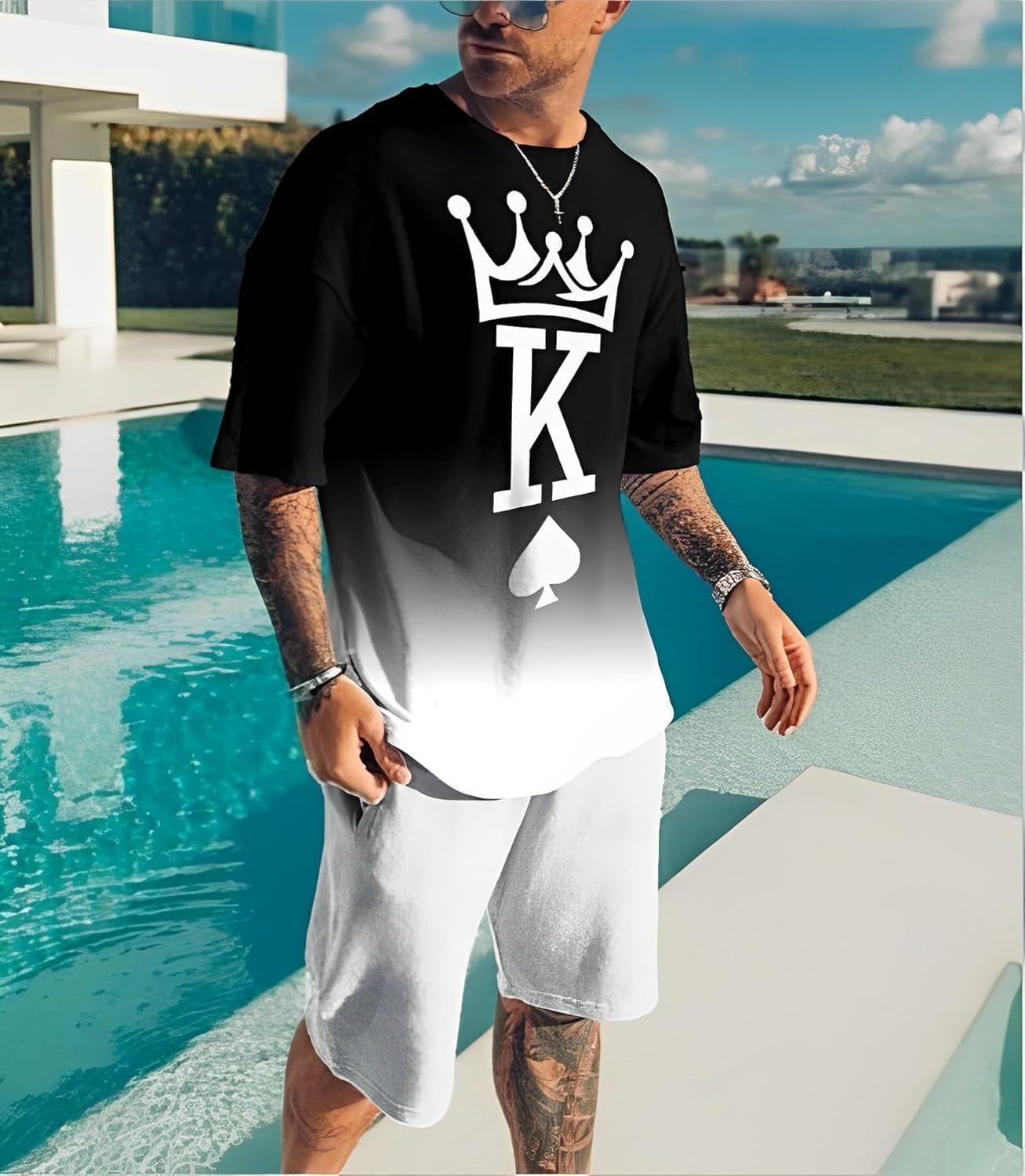 Men's Short Sets 2 Piece Summer Outfits Tracksuits Short Sleeve Shirt and Shorts Vacation Outfits 3D Poker Shirt