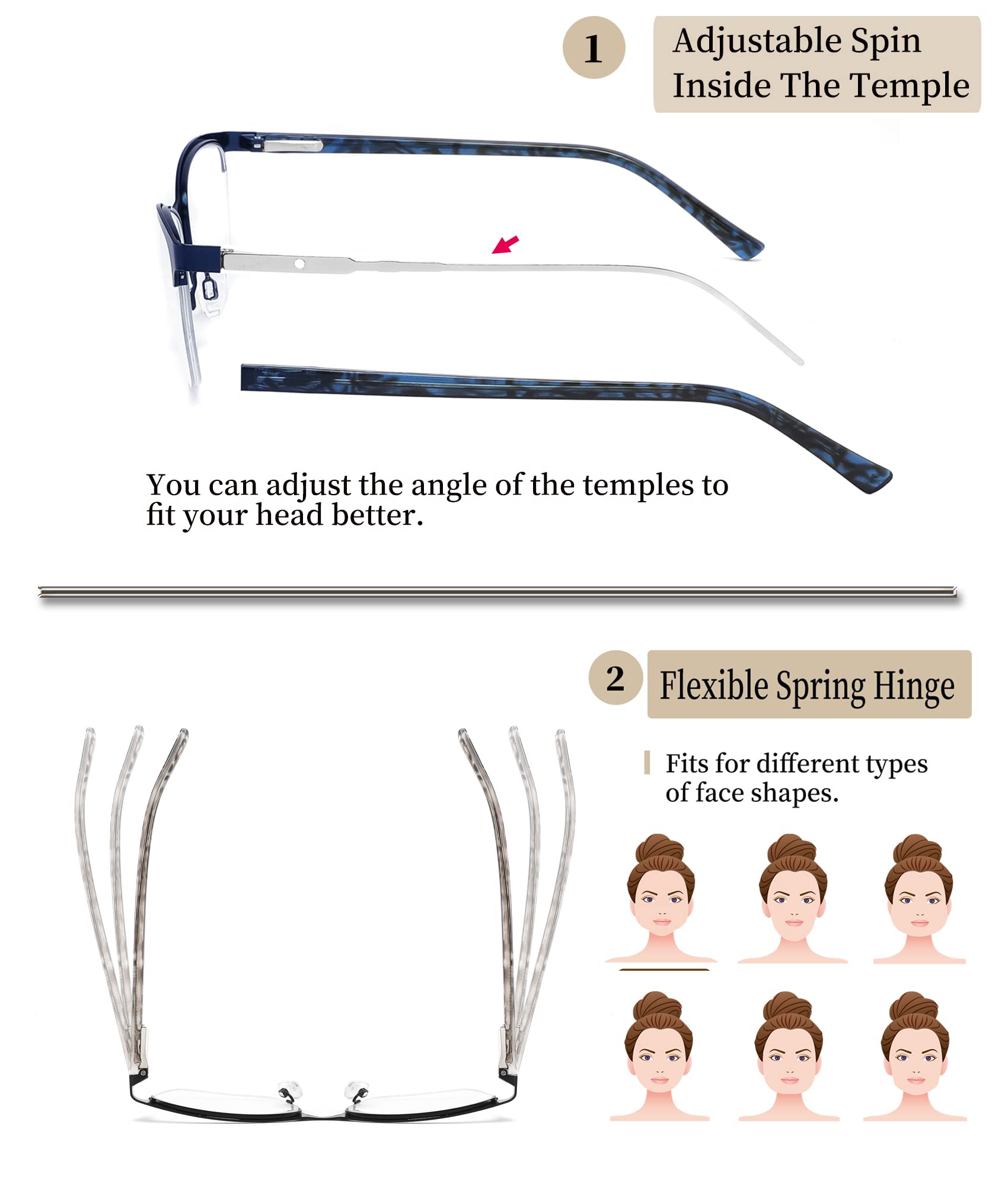 3er-Pack Lesebrille, Damenbrille, halber Metallrahmen, blaues Licht, Computerleser, UV-Filter RayGlareBlue Ray, mit Hüllen (Verstärkungsstärke)