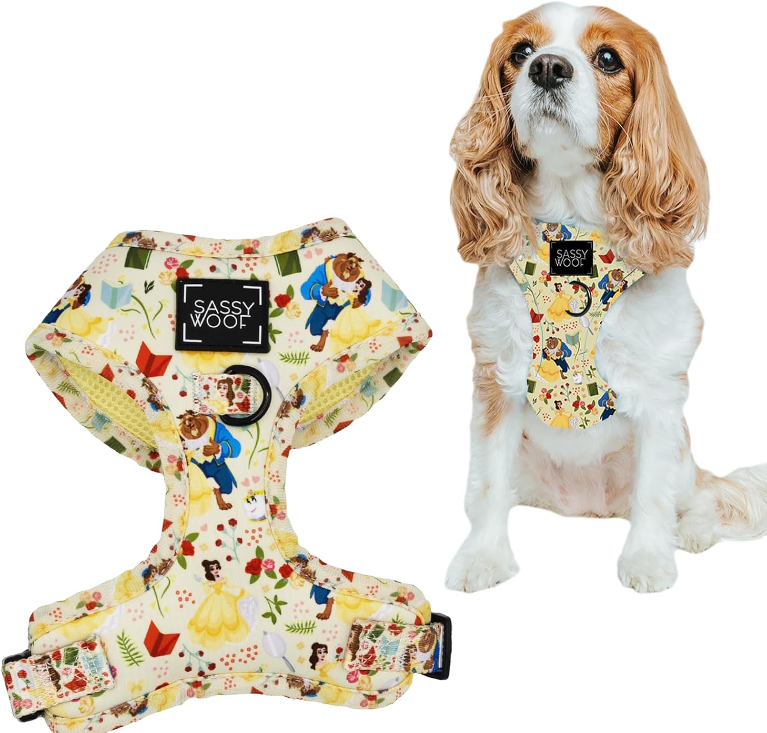 Sassy Woof Dog Adjustable Harness - Disney Princess Beauty and the Beast Belle - XS, Breathable Mesh, No Pull Design with Two D-Rings, Perfect for Medium Dogs - Officially Licensed