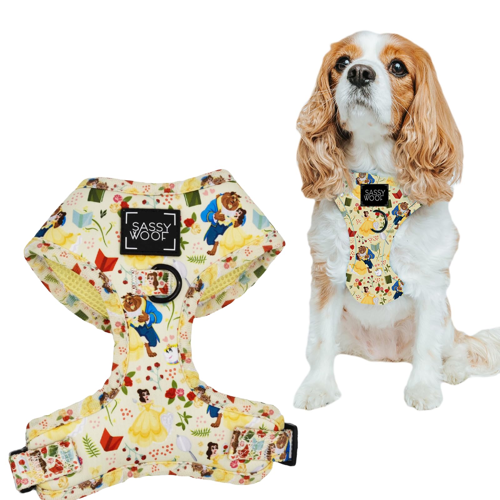 Sassy Woof Dog Adjustable Harness - Disney Princess Beauty and the Beast Belle - S, Breathable Mesh, No Pull Design with Two D-Rings, Perfect for Medium Dogs - Officially Licensed