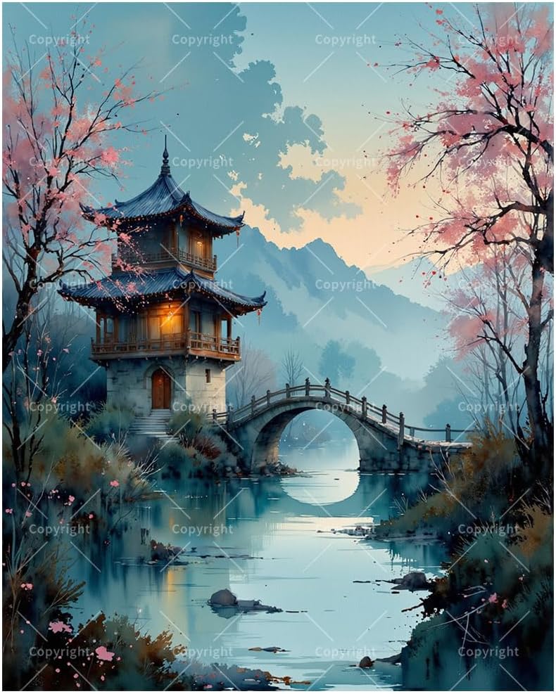 Oriental Landscape Paint by Numbers Kit for Adults - DIY Chinese Pavilion with Bridge Painting on Canvas 12x16In, Framed Acrylic Paint Set, Suitable for Beginners, Art for Home Decoration/Gifts