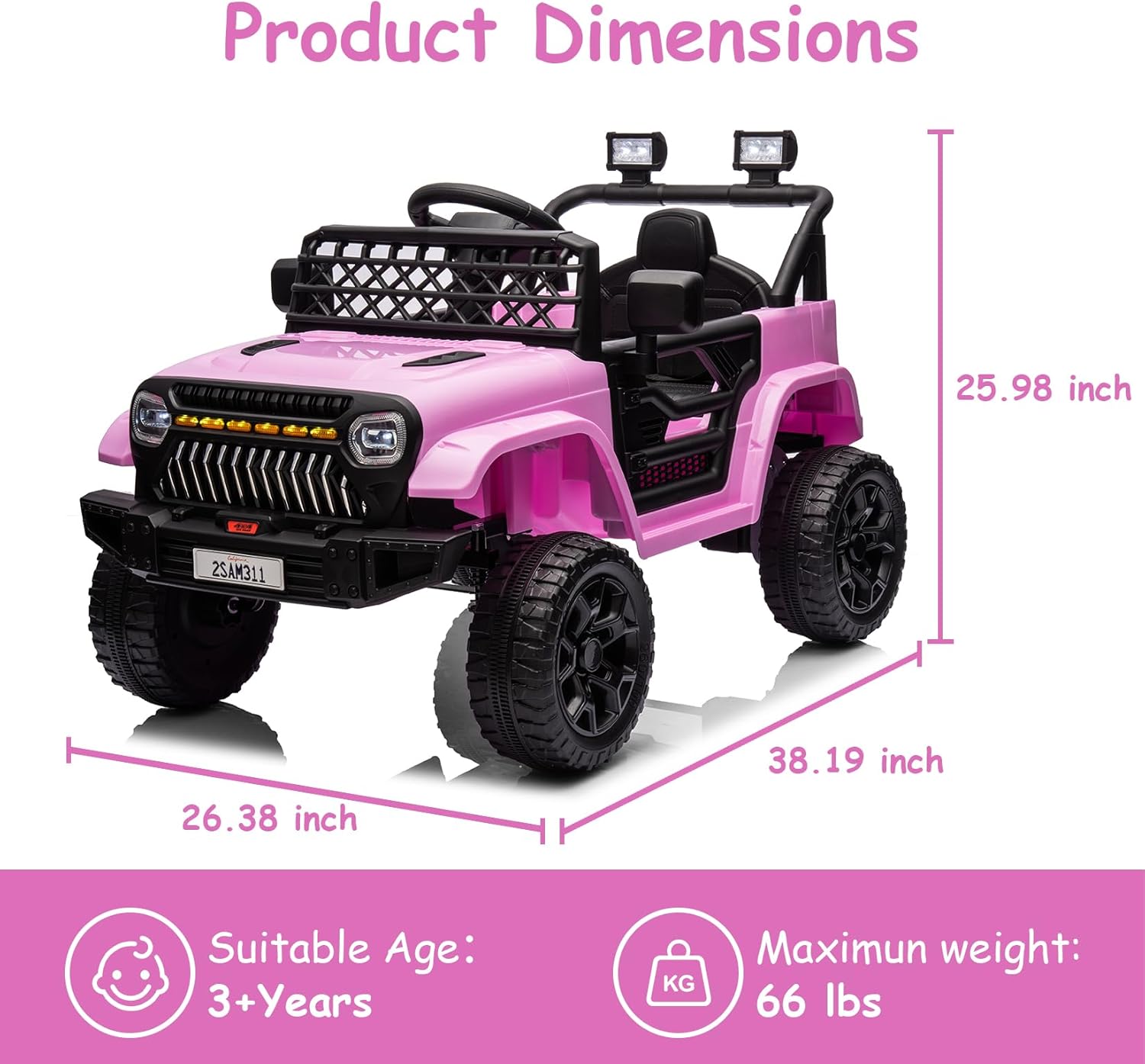GarveeLife 12V Kids Ride On Truck Electric Vehicle Battery Powered Car Toddlers Ride On Toy for Boys Girls with Remote Control, 4-Wheel Suspension, Battery Display, LED Lights, Music, Pink
