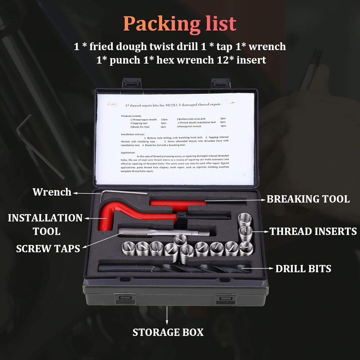17Pcs Thread Repair Kit, Helicoil Metric Insert & Rethreading Tool Set, M12x1.5 Female Threaded Inserts, Durable, for Auto, Spark Plug, Muffler and Engine Repair