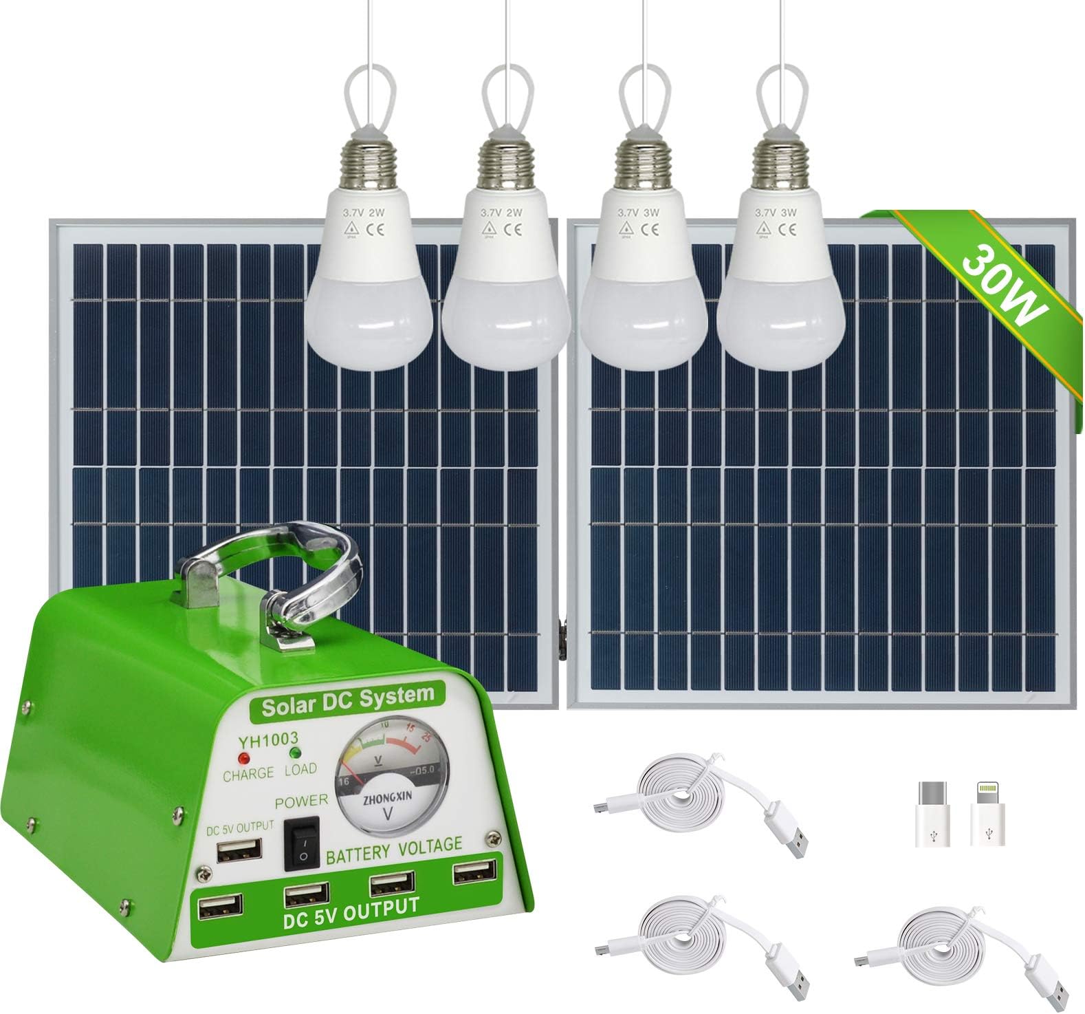 Solar Lights for Inside, 4 Bulbs Solar Shed Lights with On Off Switch, 30W Solar Panel Kit 115WH Backup Battery with Phone Charger, AC to DC Adapter, Home Solar Power System Complete Kit