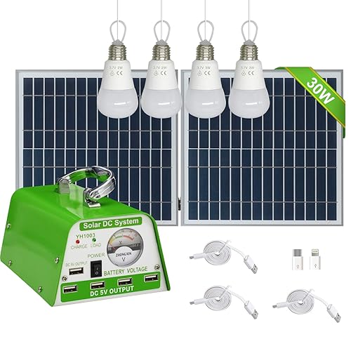 GVSHINE Solar Lights for Inside, 4 Bulbs Solar Shed Lights with On Off Switch, 30W Solar Panel Kit 115WH Backup Battery with Phone Charger, AC to DC Adapter, Home Solar Power System Complete Kit