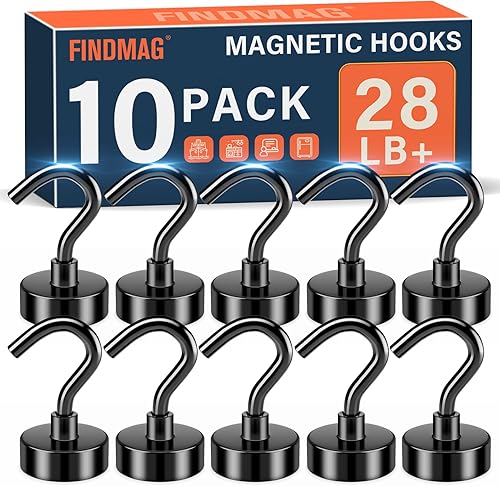 Vista 23 de FINDMAG Paquete de 16 ganchos magnéticos, ganchos magnéticos de neodimio negro, ganchos magnéticos fuertes de 30 libras para colgar, imán