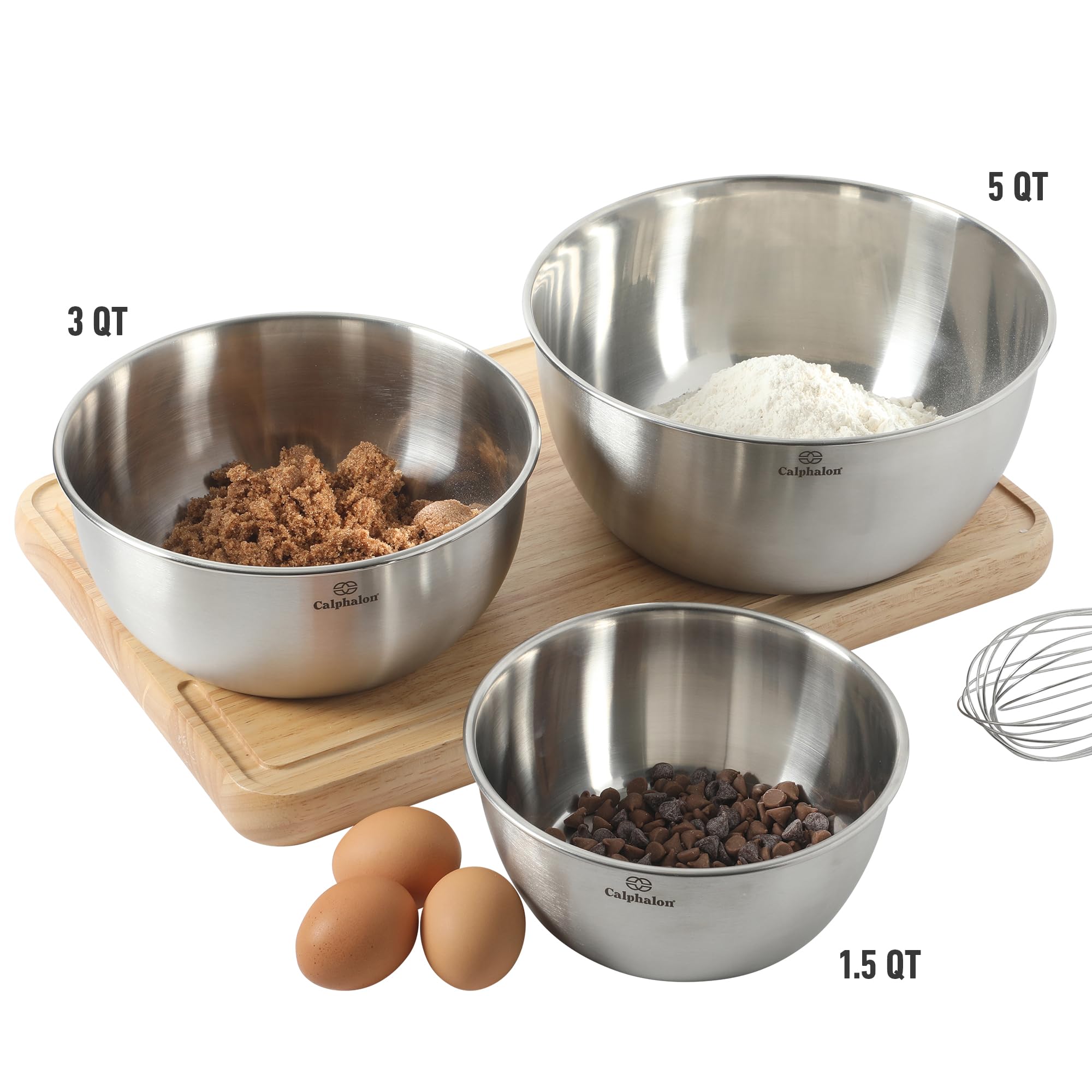 Calphalon Astro Rührschüsseln, 3-teiliges Edelstahl-Rührschüssel-Set mit mattem Finish, verschachtelte Metall-Rührschüsseln für Küche, Backen und Vorbereiten, Silber