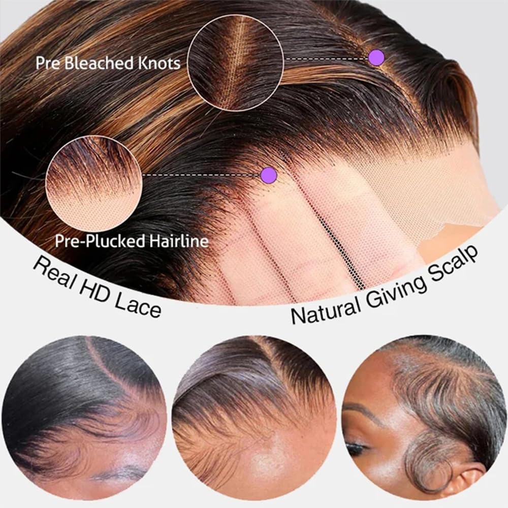 Layered Cut 13x4 HD Transparent Lace Frontal Wig Pre Plucked #1B/#30 Ombre Black With Brown Highlight Wig Silky Straight 150% Density Remy Hair Lace Wigs With Baby Hair Bleached Knots 16 Inch