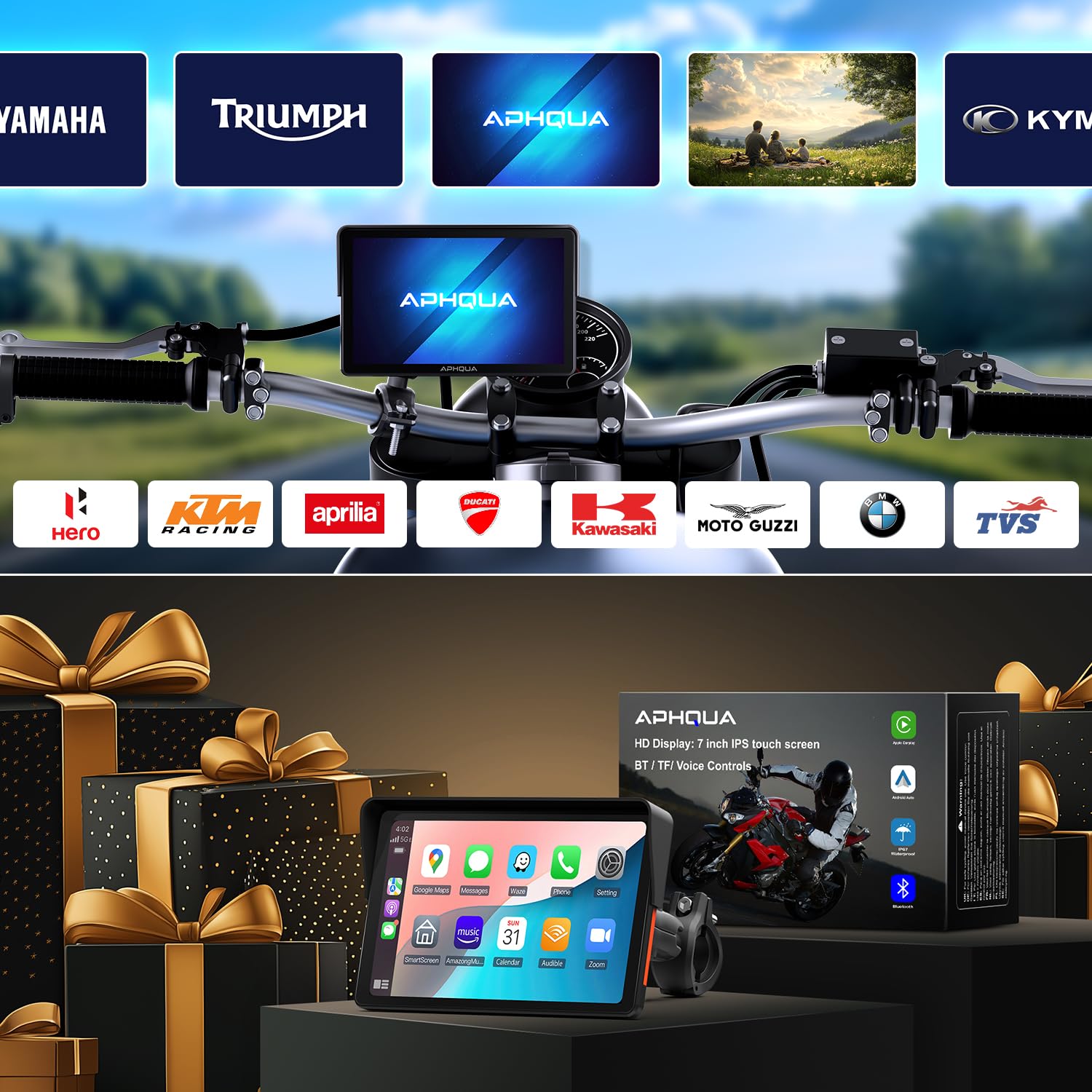 Motorrad Carplay Display 7 Zoll IP67 Wasserdichter Touchscreen, Tragbares CarPlay und Android Auto für Motorrad, unterstützt Bluetooth Trans, GPS-Navigation, Siri – 722