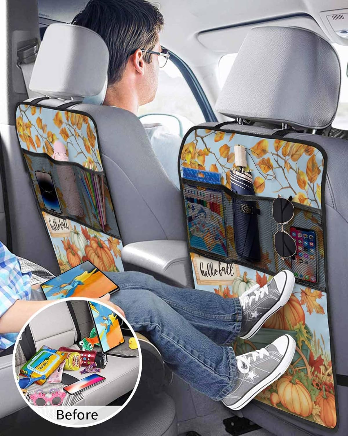 T&H XHome Car Seat Protector, 2 Pack Kick Mats with Organizer - 3 Pocket Storage, Fall Pumpkin Cart Leaves Light Blue Background Back Seat Cover for Kids Universal Fit Automotive Interior Protectors