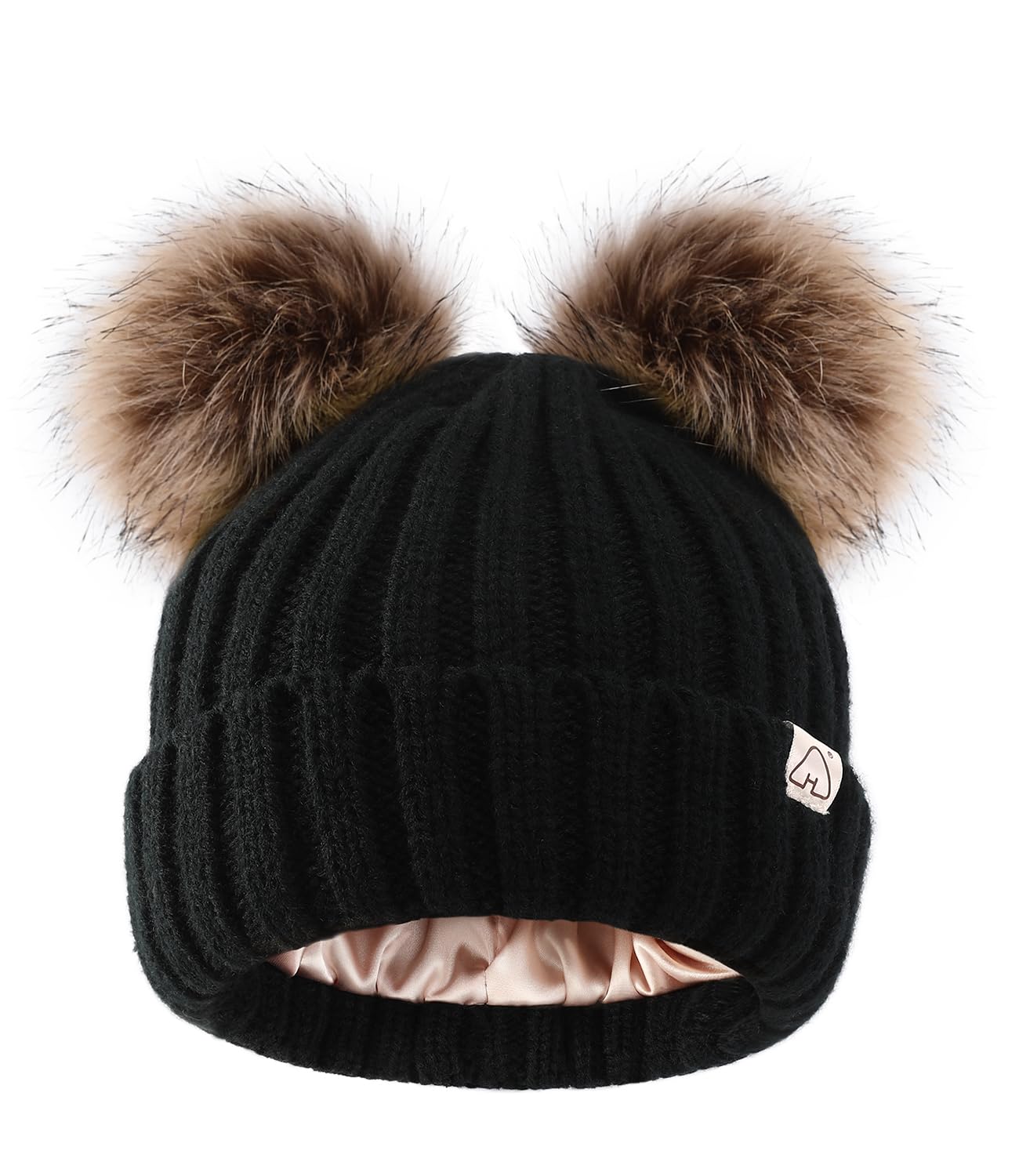 Hat Hut Satin Lined Beanie for Baby Winter Hats for Kids Toddler Double Bobble Hat Pom Pom Beanie for Boys Girls (B1-Black 2 Poms)