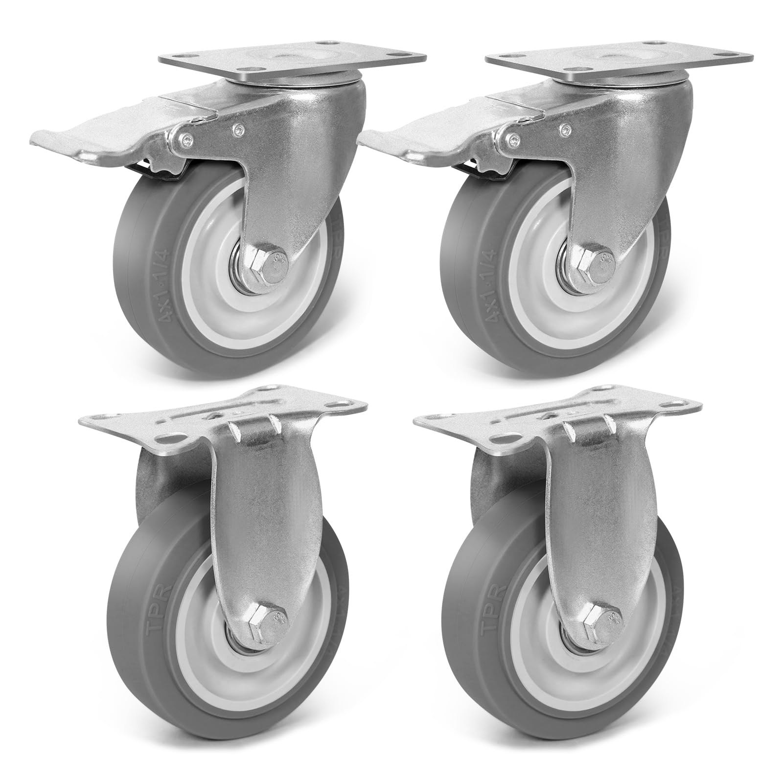 Sohnvwtgd 2 Brake & 2 Rigid 4 Inch Caster Wheels, Rubber Wheels Silent Castor- Set Of 4 Heavy Duty Caster Wheels With Brake 1600Lbs, Industrial Plate Casters Wheels For Cart Furniture Workbench (2 Brake & 2 Rigid)