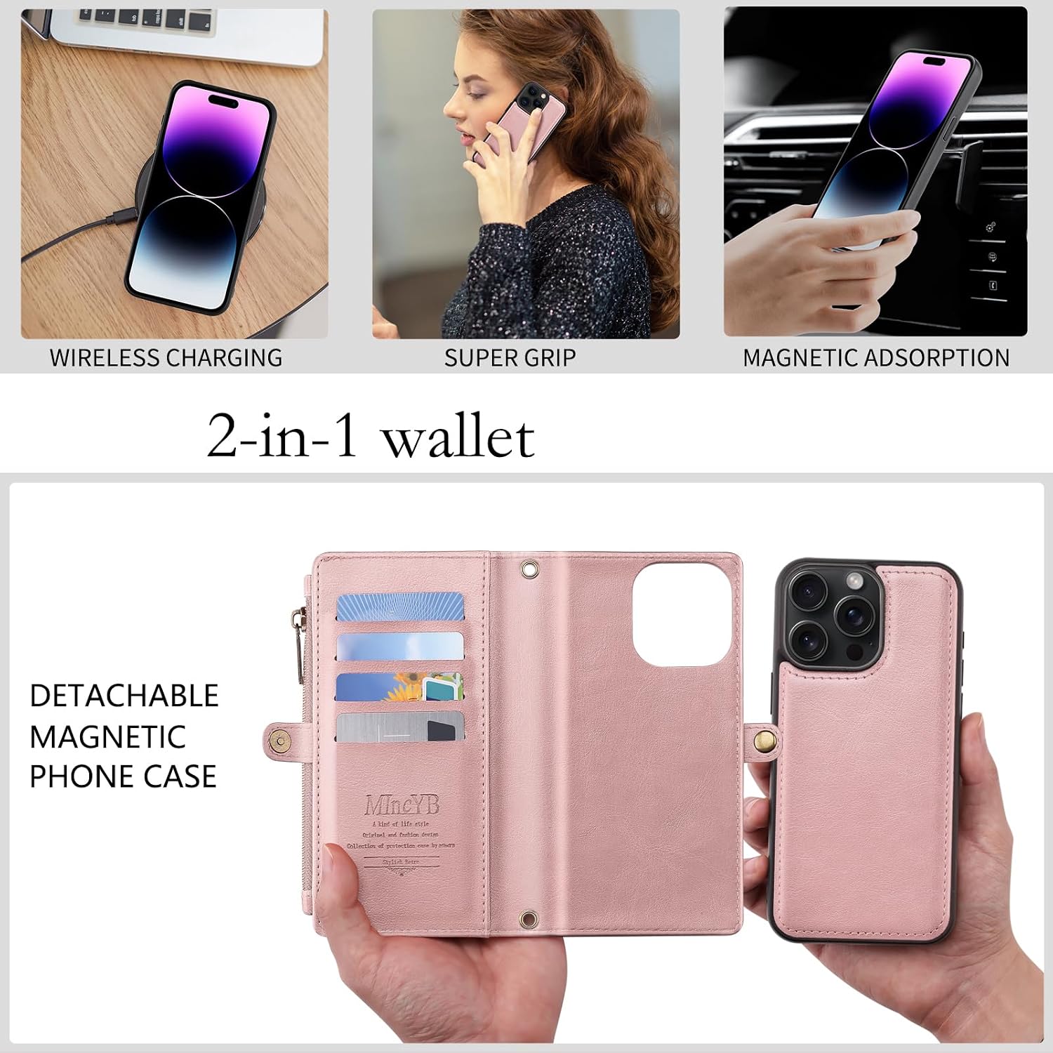 for iPhone 13 Wallet Case, Magnetic Detachable RFID Blocking PU Leather Cover with Strap for Women and Men. Brown