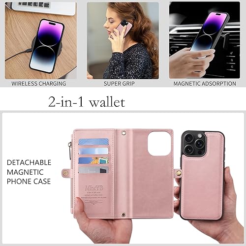 Miniatura 4 de MInCYB Funda tipo cartera para iPhone 13 Pro con tarjetero (12 ranuras para tarjetas), funda de piel sintética para mujeres y hombres, carga