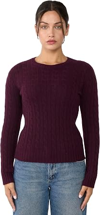 JENNIE LIU 100% Cashmere Crewneck Sweater | Chuncky Cashmere Cable-Knit Sweaters for Women