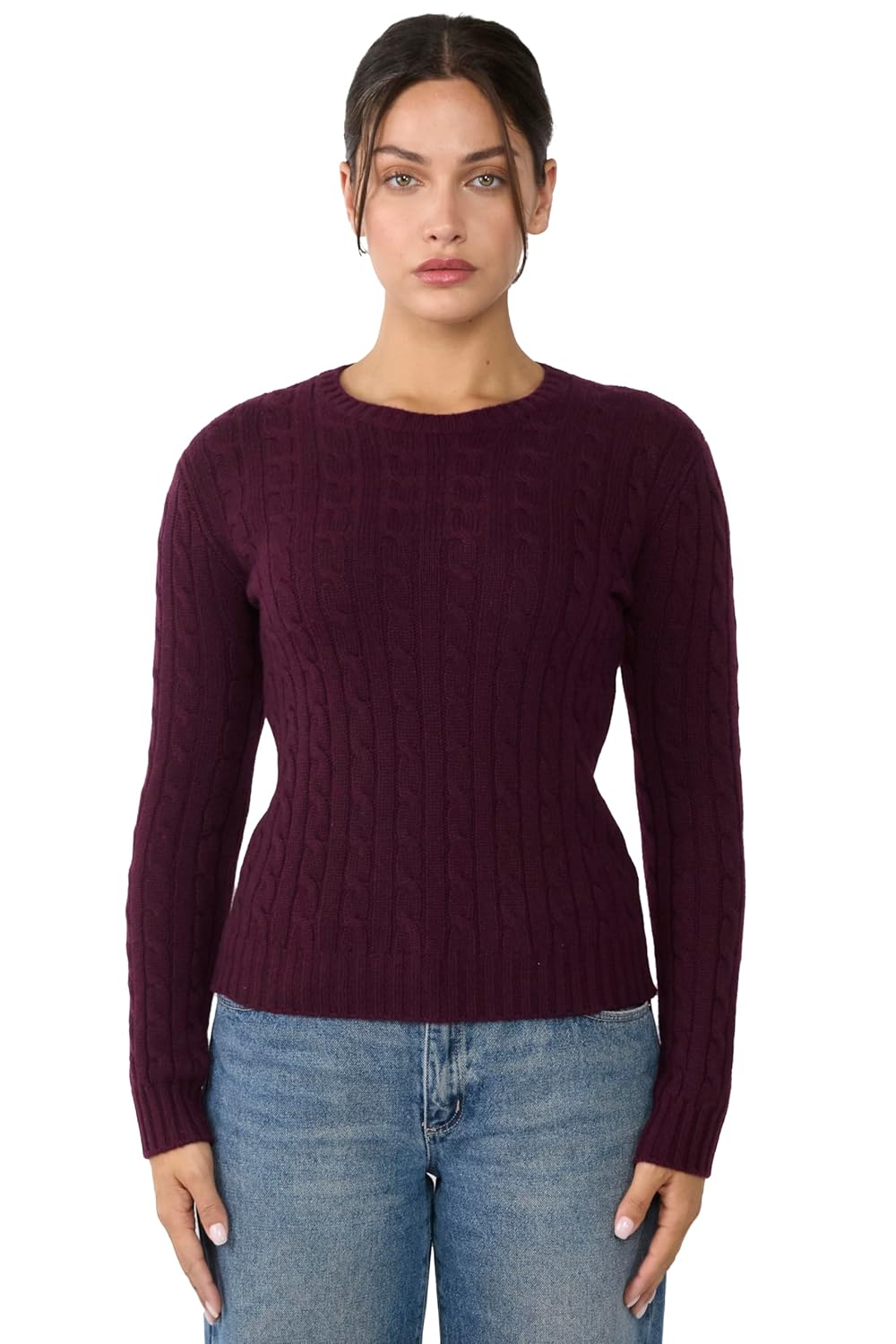 JENNIE LIU 100 Cashmere Crewneck Sweater Chuncky Cashmere Cable-Knit Sweaters for Women