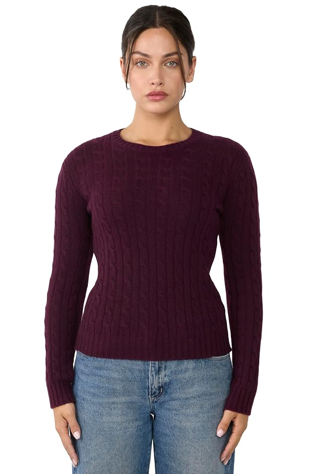 JENNIE LIU 100 Cashmere Crewneck Sweater Chuncky Cashmere Cable-Knit Sweaters for Women