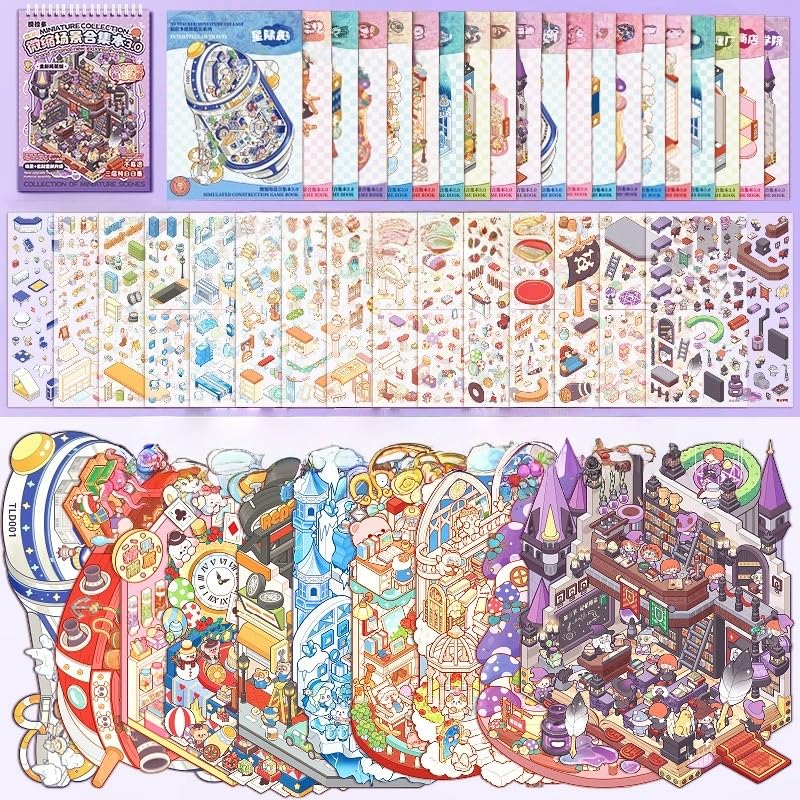 10 Sets 3D Stickers Scenes Books for Kids Gift,Cute Cartoon 3D House Sticker Make Your Own Mini Room Magic College Pirate Ship Paradise Lsland for Kids Adult Therapy Relief Stress Pass The Time