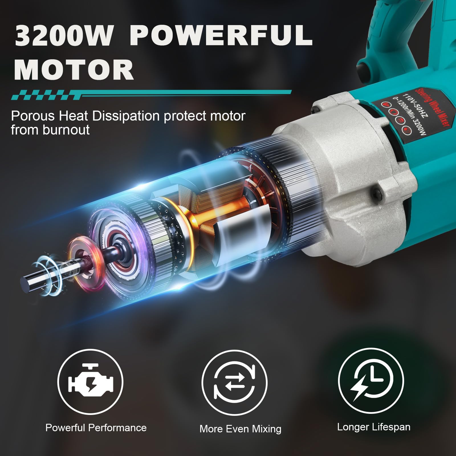 WingFly Miscelatore per malta 3200W, miscelatore per calcestruzzo elettrico a 230V, miscelatore per vernici e malta, cambio a 6 marce, miscelatore manuale elettrico per calcestruzzo, per miscelazione