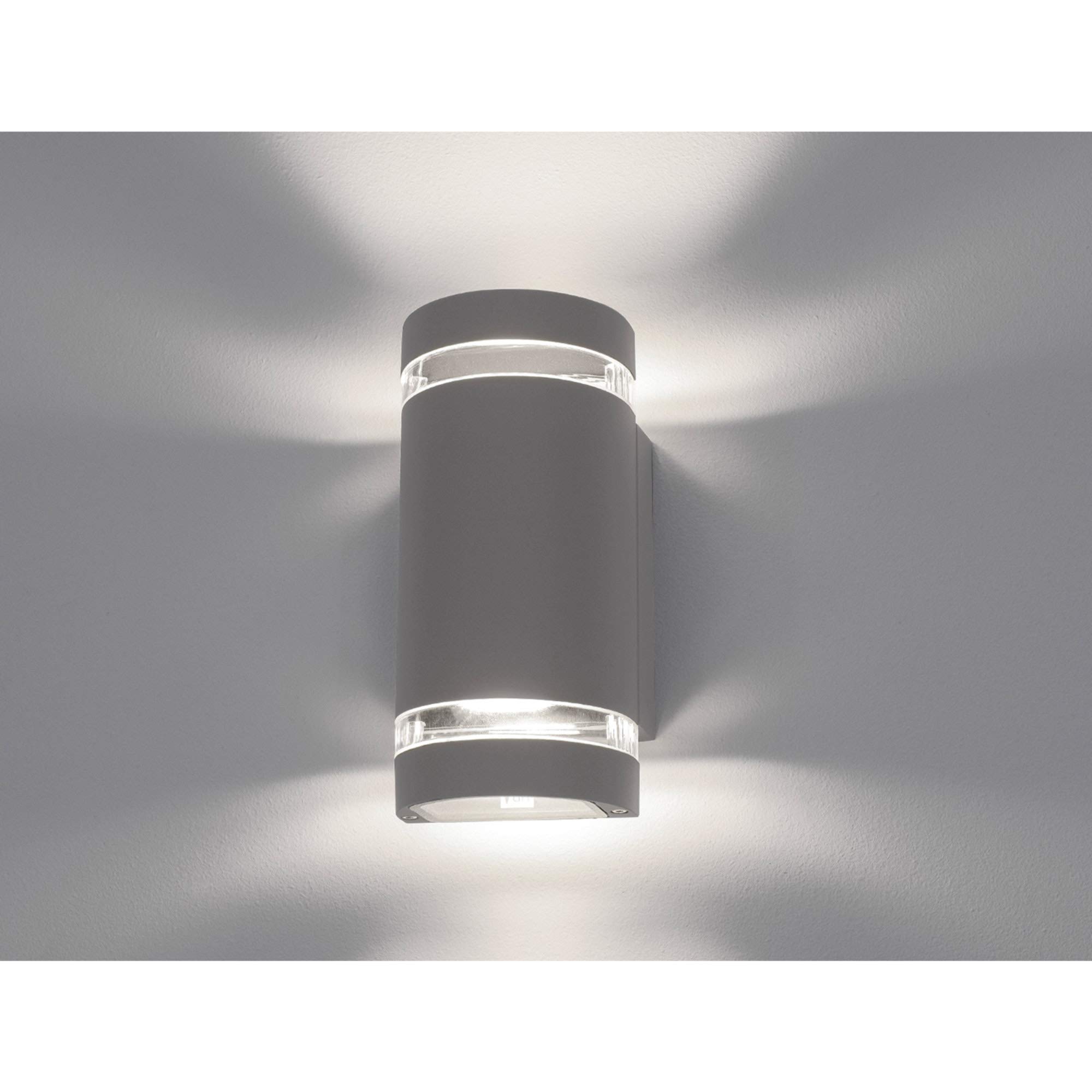 SSC-LUXon ZORA Außenwandleuchte 2er Set rund grau IP44 GU10 4W warmweiß | Runde Fassadenleuchten grau im 2er Set - Licht nach oben & unten für Terrasse, Eingang & Weg, inkl. GU10 LED warmweiß