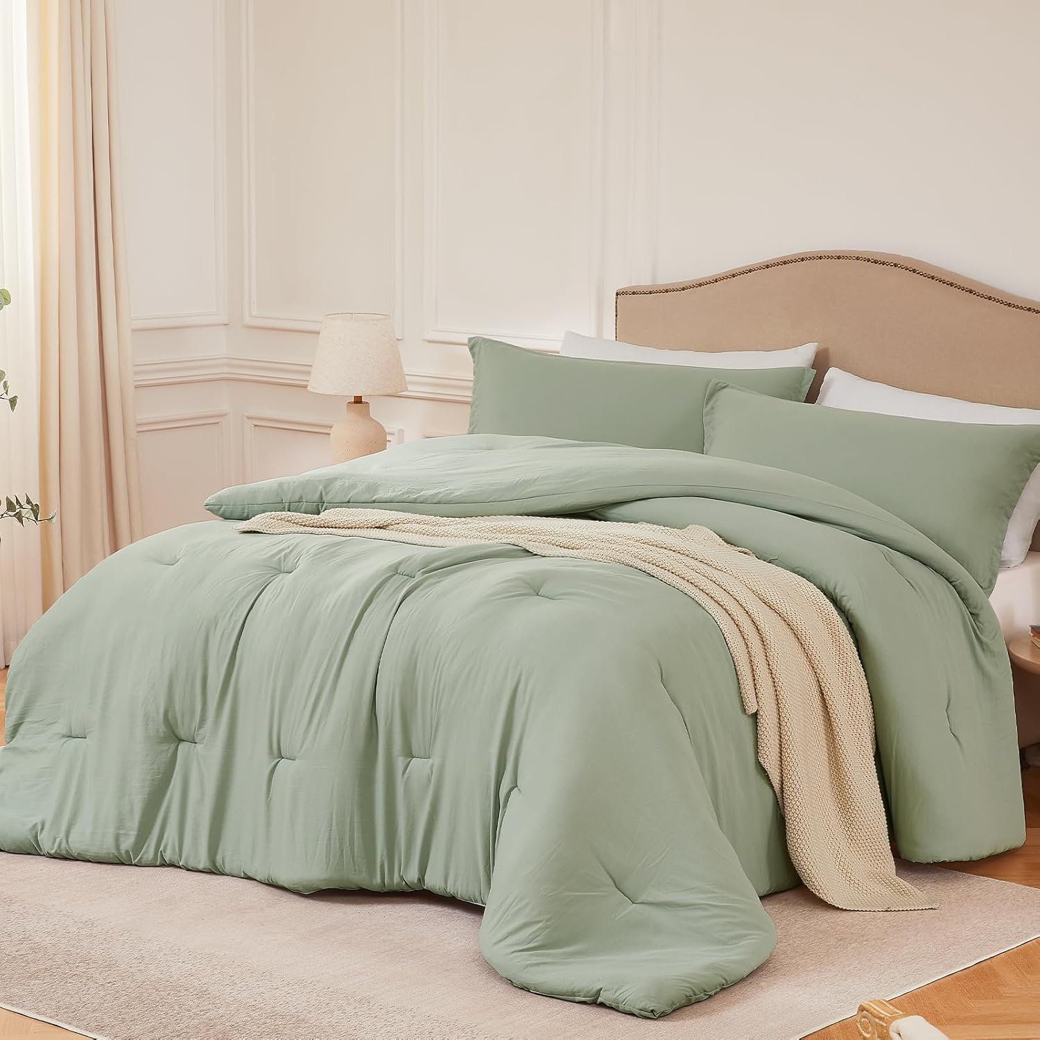 Queen Comforter Sets Sagegreen,3PCS Soft Lightweight Breathable Bedding Comforter Sets for All Season, Queen Size(90''90'' Comforter & 2 Pillowcases)