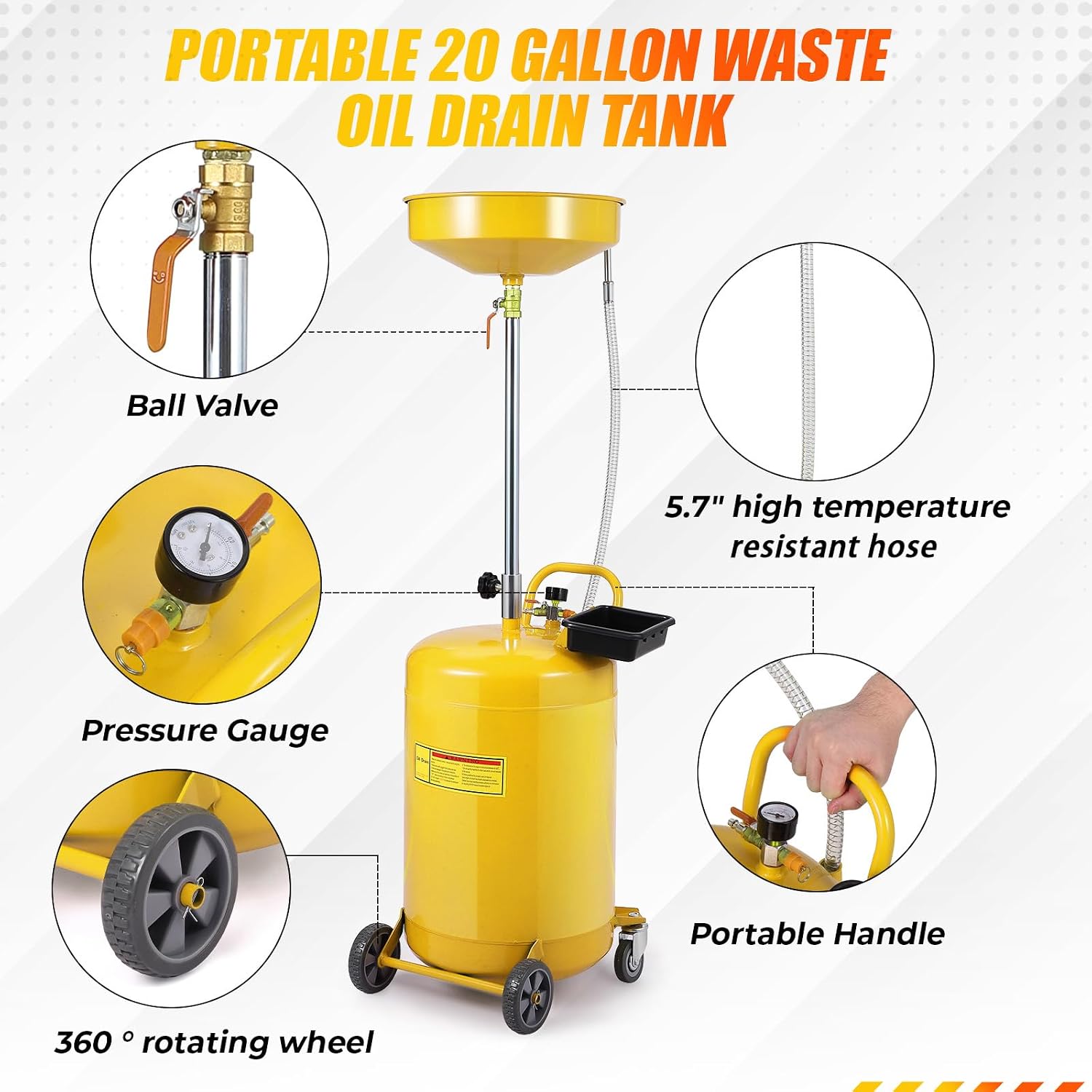 GarveeTech 20 gal Portable Waste Oil Drain Tank Air Operated Drainage Adjustable Funnel Height with Wheel, Yellow