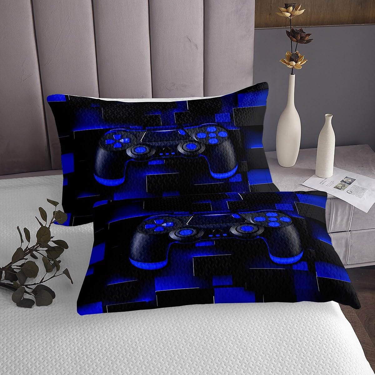 jejeloiu Gamer Bedspread for Kids Boys Girls Gaming Coverlet Set King Size Ombre Abstract Quilted Coverlet Bedroom Decor Breathable Soft Lightweight Microfiber Blue Black 3Pcs