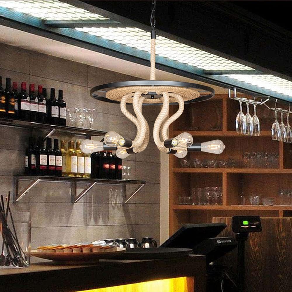 照明器具, 田園風 6 灯 麻ロープ シャンデリア ブラック ダイニング