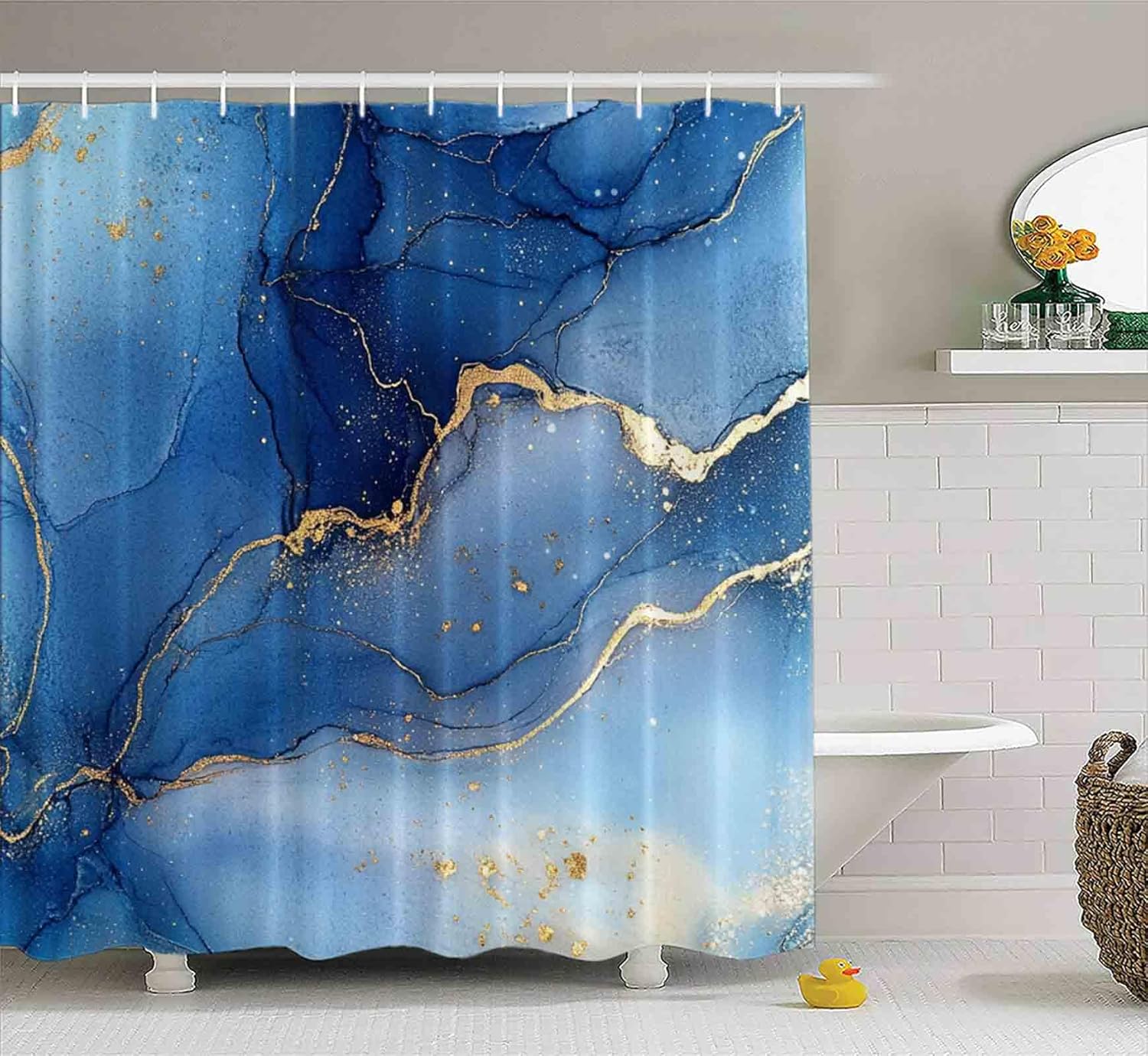 EMMTEEY 4Pcs Bathroom Sets with Rugs and Accessories,Blue Shower Curtain Sets with Non-Slip Rugs Toilet Lid Cover and Bath Mat,Waterproof Shower Curtains with 12 Hooks