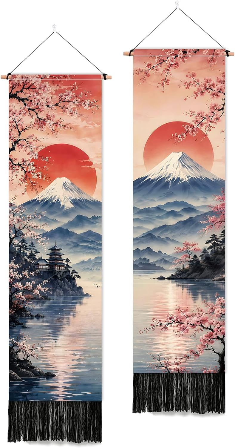 PLIGREAT 2 Pack Mount Fuji Vertical Tapestry, Moon Florals Aesthetic Wall Hanging for Bedroom Bathroom Living Room Vintage Long Narrow Wall Tapestry Dorm Room Home Art Decor