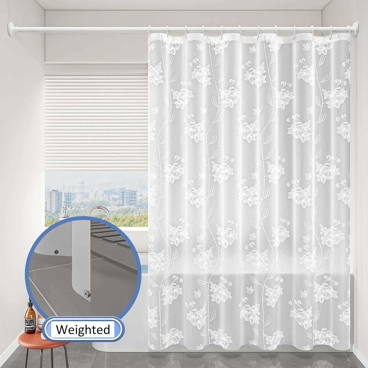 Beydodo 96x80 Semi Transparent Fabric Shower Curtain, Shower Curtain Liner Weighted 240x200 PEVA White Translucent with Flowers Pattern Shower Curtain with Hooks