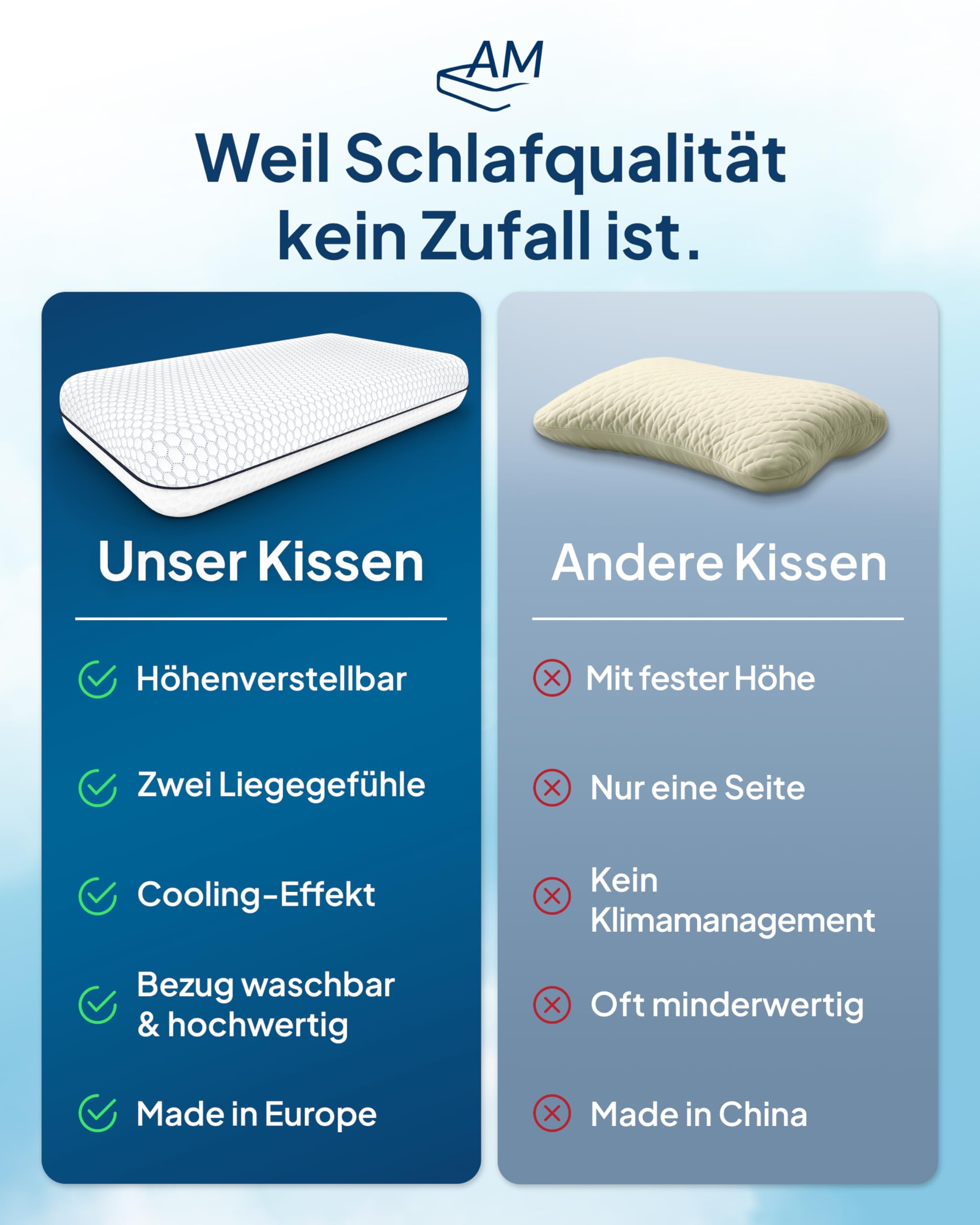 AM Qualitätsmatratzen Premium Nackenstützkissen höhenverstellbar mit Cooling Effekt & Tencel Bezug Made in Germany Oeko-TEX zertifiziert Gelschaum Viscoschaum