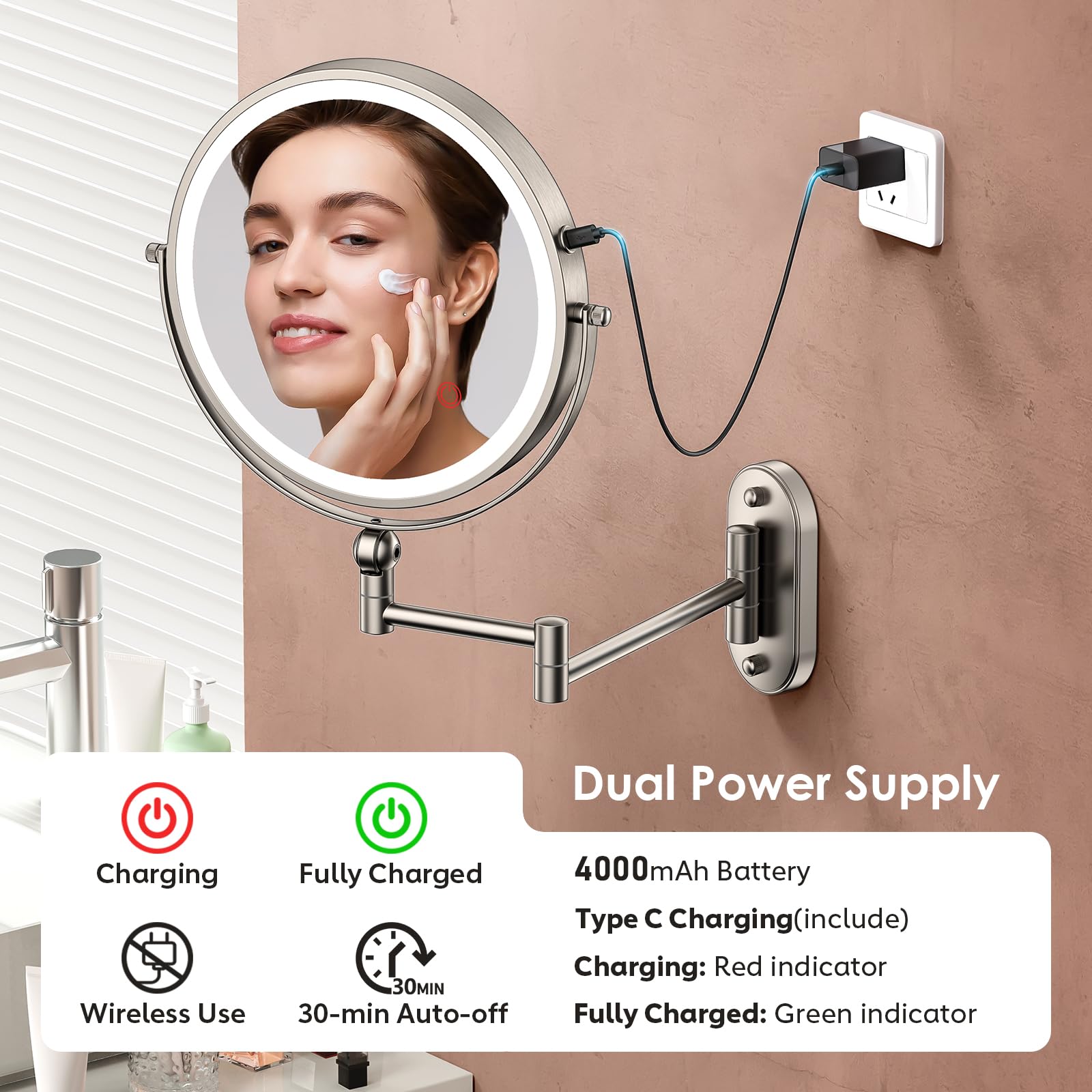 ZLOKLA Espejo de maquillaje iluminado montado en la pared de 9 pulgadas, recargable de 4000 mAh, espejo de aumento de doble cara 1X/20X con luz, regulable al tacto, brazo extendido, rotación de 360