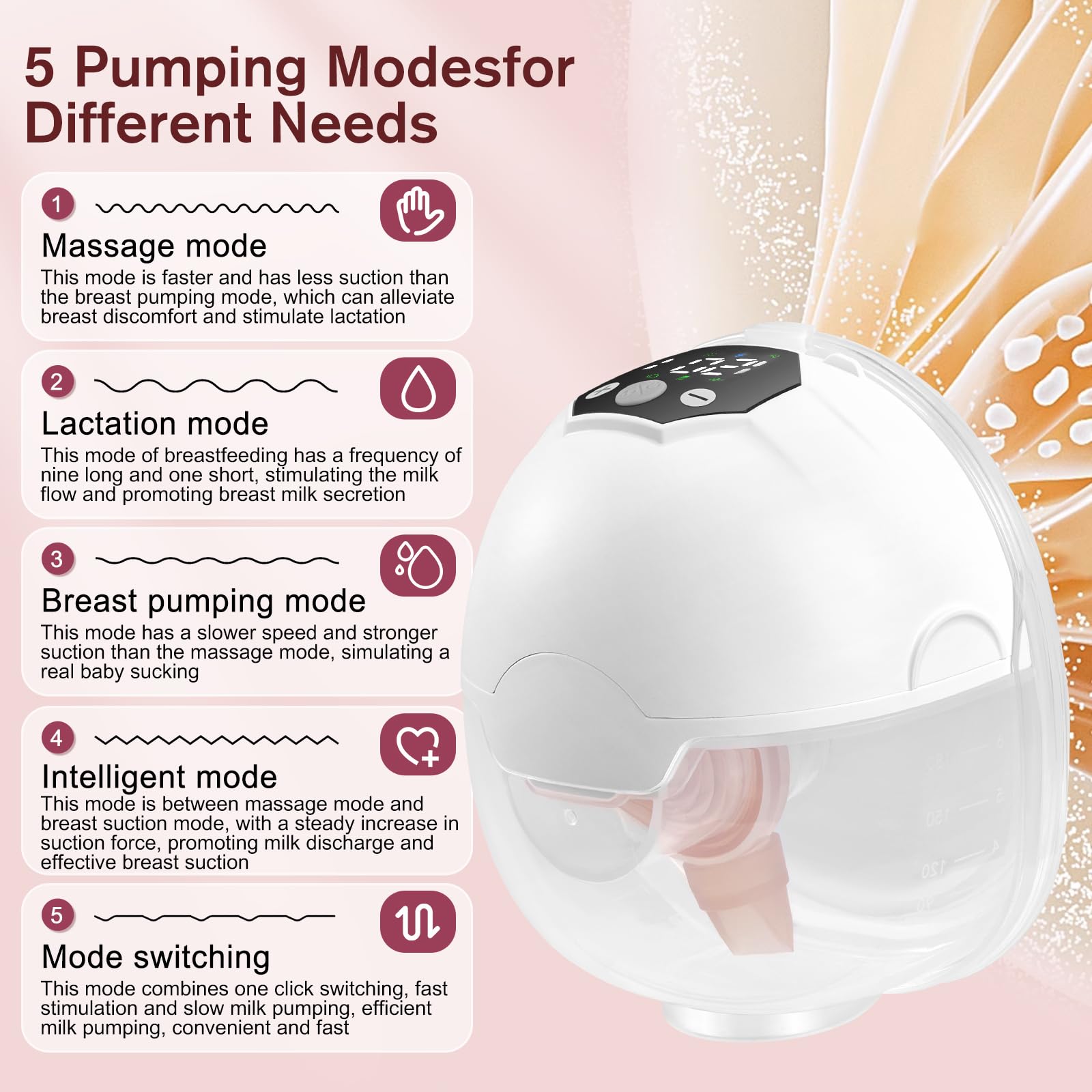Leche eléctrico de mano libre de 5 modos, 15 niveles, extractor de leche recargable con pantalla LED, portátil, fuerte succión, peso ligero, 24 mm