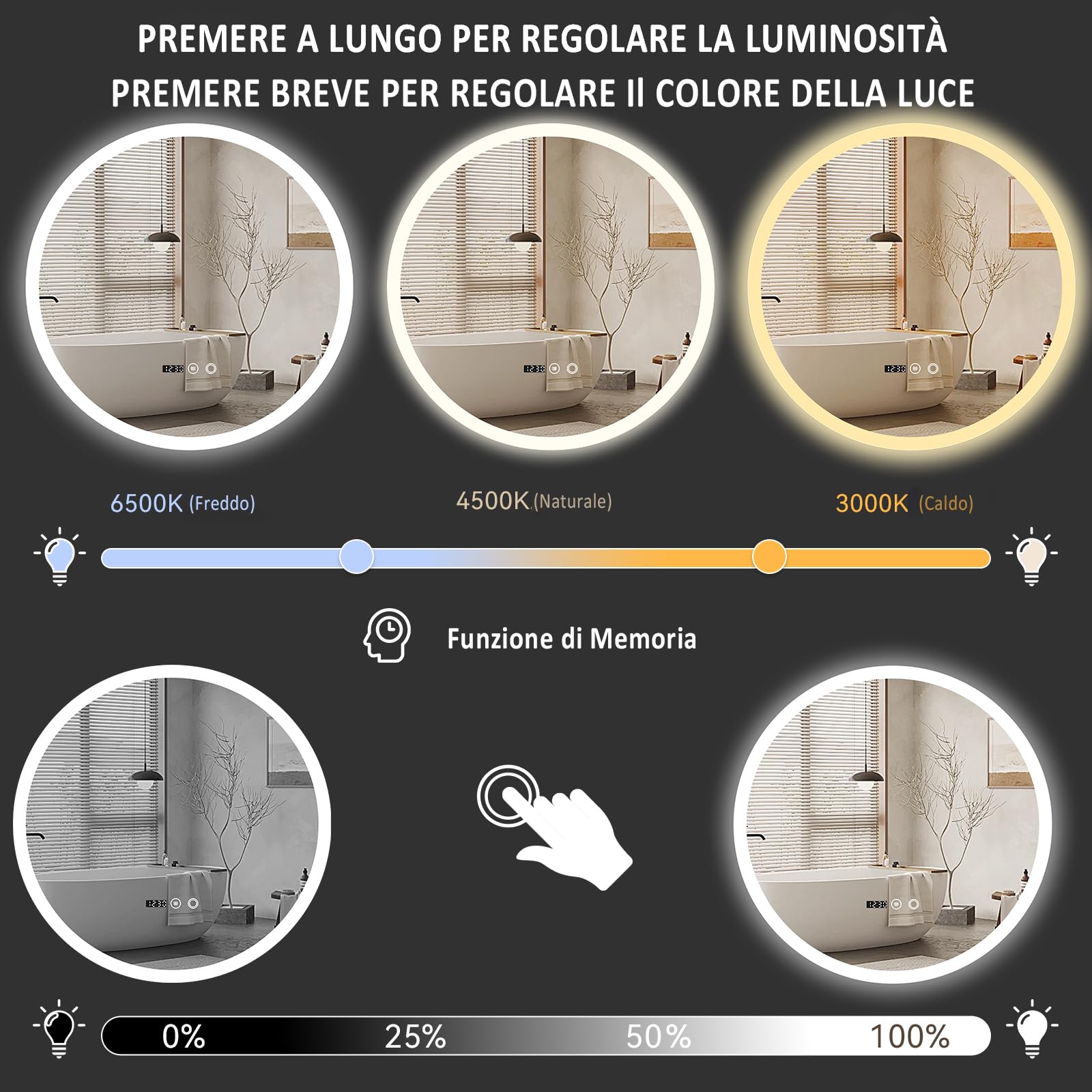 YU YUSING Specchio Bagno Rotondo con Luce LED 70cm, Specchio da Parete Retroilluminato Bagno, 3 Colori di Luce, Luminosità Regolabili, Interruttore Touch, Antiappannamento, Display Dell'Ora, IP44