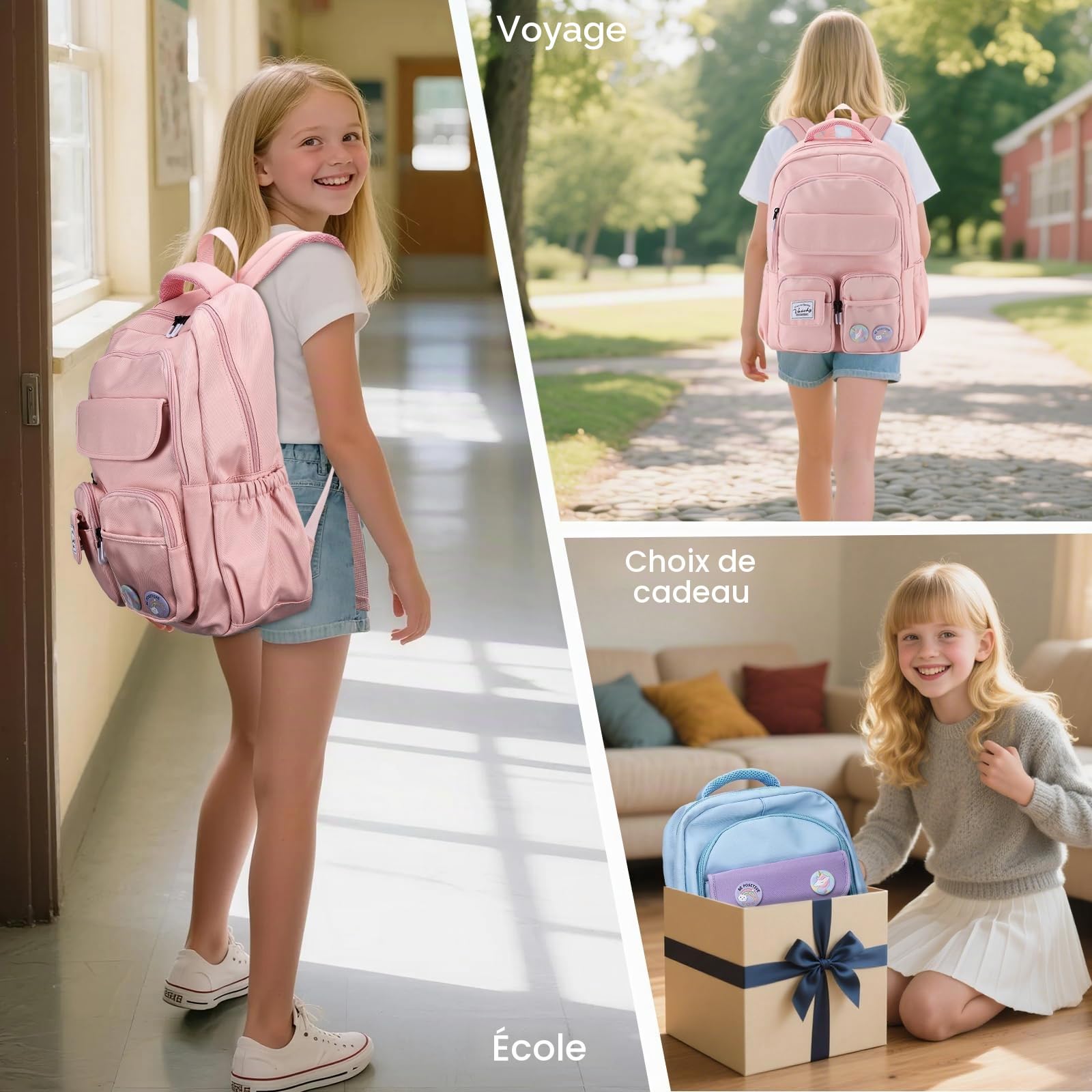 VASCHY Cartable Fille Primaire, Sac à Dos 18 L Léger Multi-poches Rose