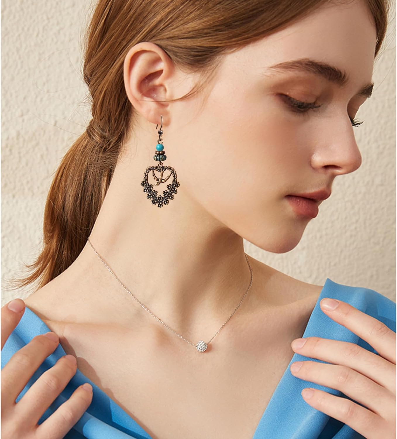 Bohemian Vintage Copper Flower Bird Dangle Drop Earrings Handmade Love Heart Turquoise Bead Hook Earrings for Women - Image 3